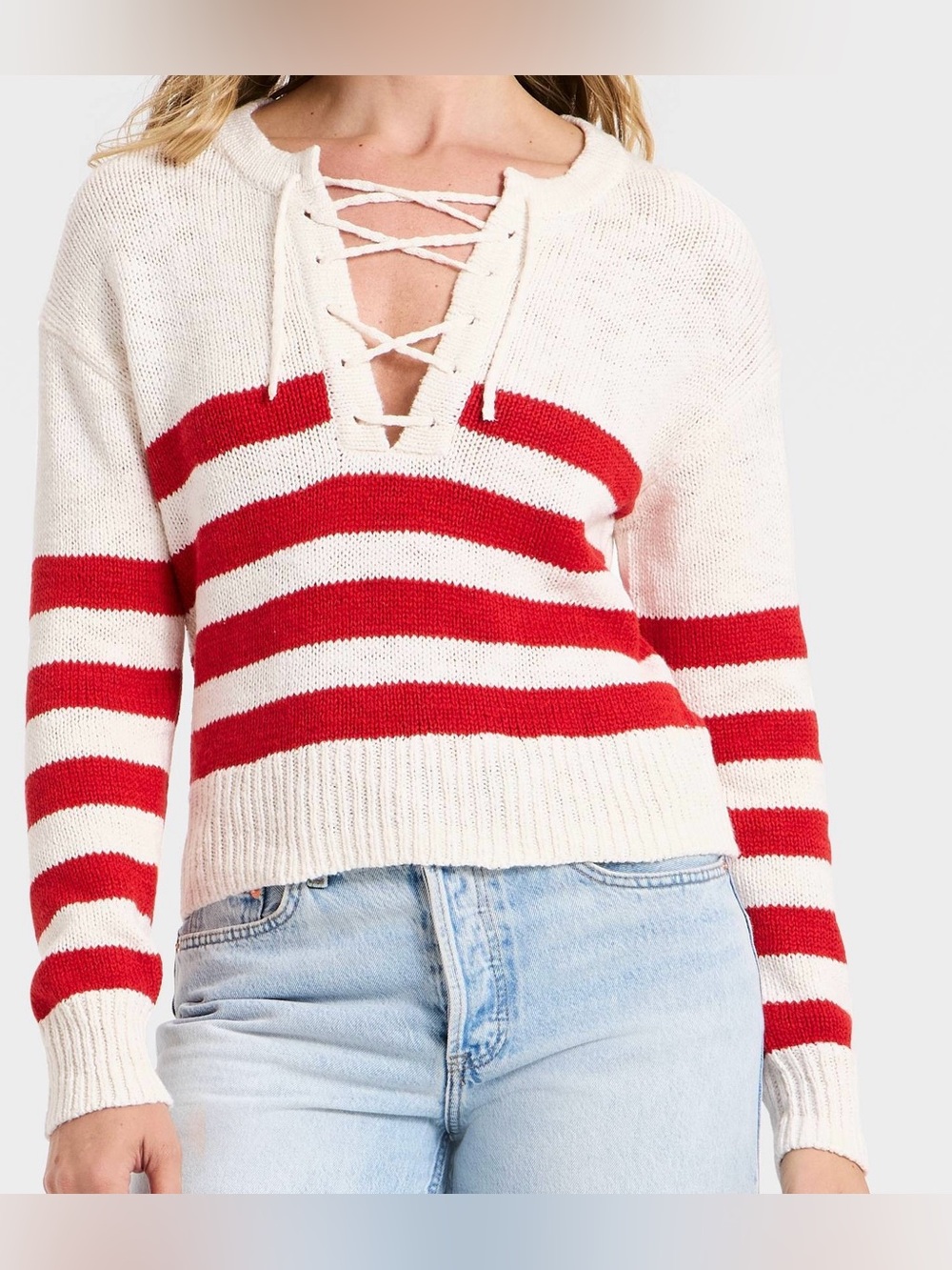 Women's Lace Up Crewneck Pullover Sweater - Universal Thread Red Striped Large